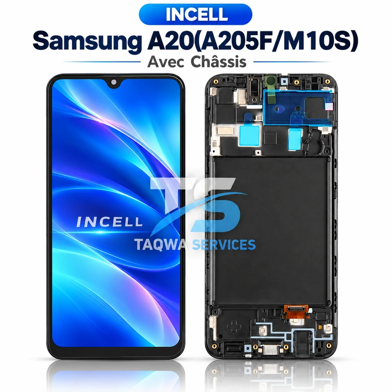 Galaxy A20(A205F/M10S) Screen & Display – Black (Avec Chassis - INCELL)