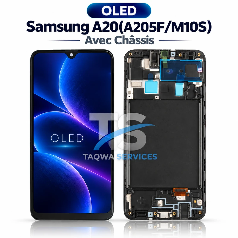 Galaxy A20(A205F/M10S) Screen & Display – Black (avec Chassis - OLED | Ori)
