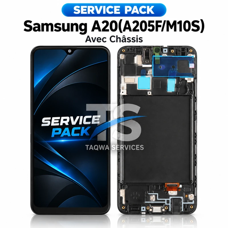 Galaxy A20(A205F/M10S) Screen & Display – Black (Service Pack avec Chassis | Samsung)